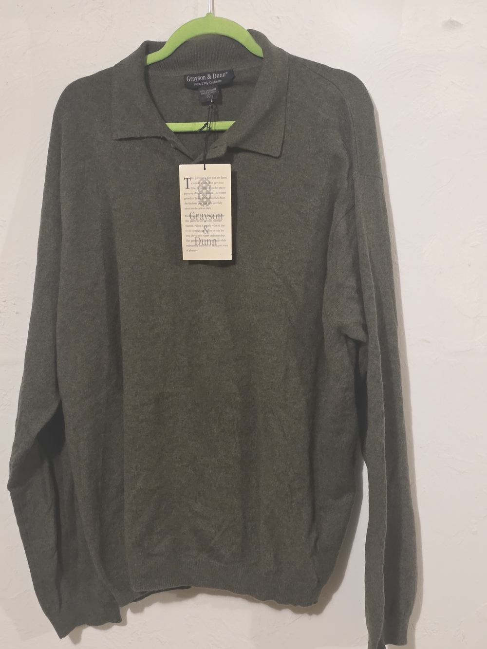 Men's Olive Green Collared Sweater 100% 2 Ply Cashmere